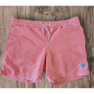 Maamgic Beach Club Men's Red & White Stripe Swim Trunks Large pocket lined‎ #178